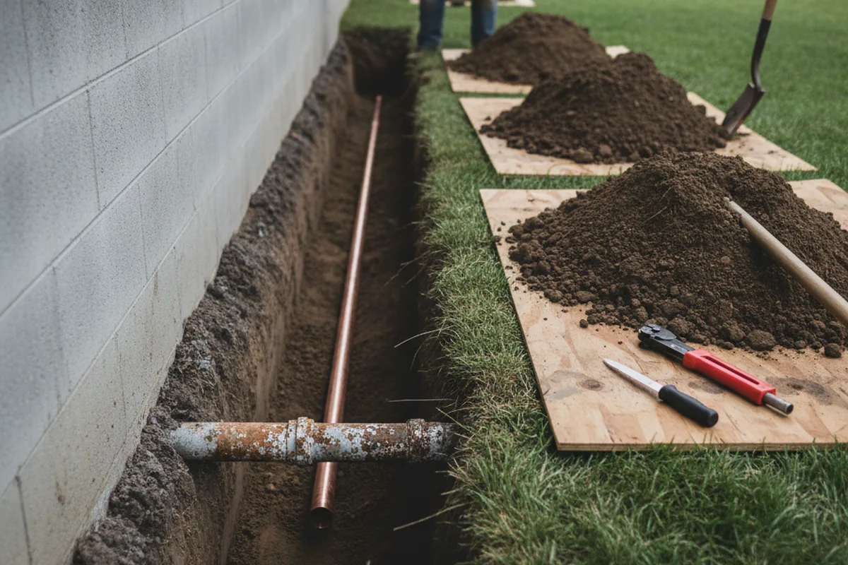 Excavated water line trench during Water Softener Installation in Hope Valley